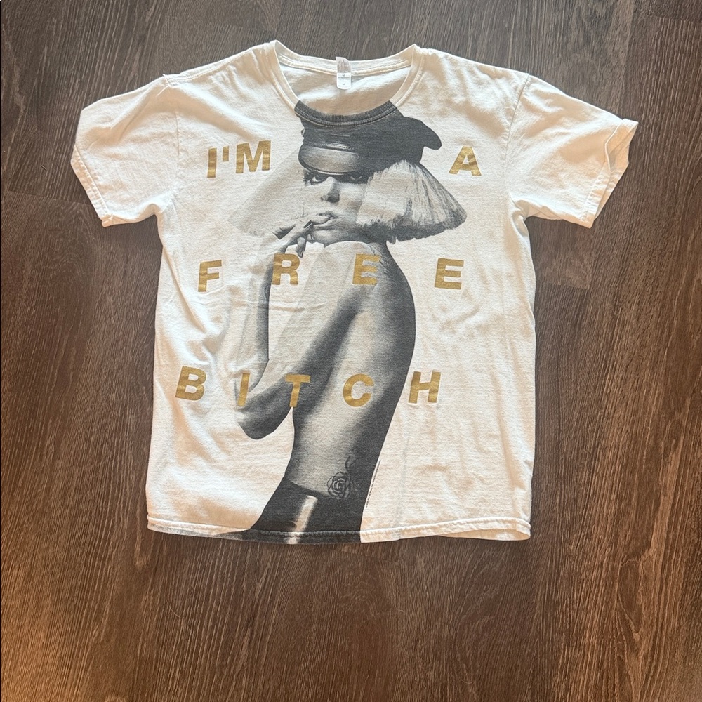 Lady Gaga White Graphic T-Shirt with Gold Lettering